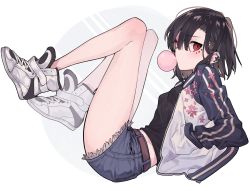 Rule 34 | 1girl, belt, black hair, black shirt, blue shorts, blush, boots, breasts, brown belt, blowing bubbles, chewing gum, commentary request, devy, ear piercing, facial mark, full body, grey background, hair between eyes, hand in pocket, highres, jacket, legs up, long hair, long sleeves, open clothes, open jacket, original, piercing, red eyes, shirt, short shorts, shorts, small breasts, solo, two-tone background, white background, white footwear, white jacket