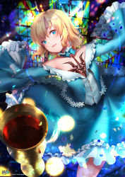 Rule 34 | 1girl, absurdres, blonde hair, blue dress, blue eyes, breast tattoo, chest tattoo, commentary, cup, dress, drinking glass, fate/labyrinth, fate/prototype, fate/prototype: fragments of blue and silver, fate (series), highres, kyjsogom, looking at viewer, sajou manaka, short hair, smile, solo, tattoo, wine glass