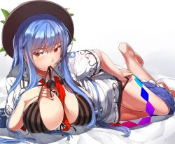 Rule 34 | 1girl, absurdres, aged up, barefoot, between breasts, black bra, black hat, black panties, blue hair, blue skirt, blush, bra, breasts, breasts out, cleavage, clothes pull, frilled skirt, frills, hat, highres, hinanawi tenshi, large breasts, long hair, looking at viewer, lying, mouth hold, neropaso, on side, panties, rainbow order, red eyes, shirt, sidelocks, skirt, skirt pull, solo, striped bra, striped clothes, touhou, underwear, vertical-striped bra, vertical-striped clothes, white shirt