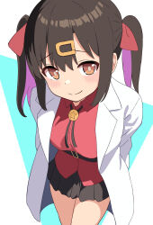 Rule 34 | 1girl, :3, absurdres, arms behind back, belt, black hair, black skirt, bolo tie, brown eyes, coat, commentary, cowboy shot, hair between eyes, hair ornament, hair ribbon, hairclip, highres, lab coat, light blush, long hair, long sleeves, looking at viewer, miniskirt, multicolored hair, onii-chan wa oshimai!, open clothes, open coat, oyama mihari, pogeepoge, purple hair, red ribbon, red shirt, ribbon, shirt, simple background, skirt, smile, solo, split mouth, twintails, two-tone hair, wing collar