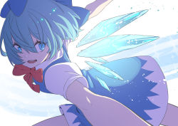 Rule 34 | 1girl, :d, absurdres, backlighting, blue dress, blue eyes, blue hair, bow, bowtie, breasts, cirno, dress, feet out of frame, foreshortening, from side, hair between eyes, highres, ice, ice wings, kawayabug, light particles, looking to the side, open mouth, outstretched arms, pinafore dress, puffy short sleeves, puffy sleeves, red bow, red bowtie, shirt, short hair, short sleeves, sleeveless dress, small breasts, smile, solo, sparkle, touhou, upper body, white background, white shirt, wings