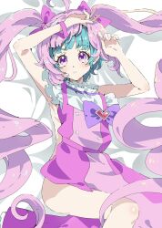 Rule 34 | 1girl, aozora himari, aozora himari (cosplay), arms up, bed sheet, blue hair, blunt bangs, bow, commentary request, cosplay, covering privates, dress, feet out of frame, fujidera minori, hair bow, highres, himitsu no aipri, idol clothes, long hair, looking at viewer, lying, nude cover, omega auru, on back, open mouth, parted lips, pink dress, pink hair, pretty series, purple bow, purple eyes, short hair, simple background, solo, tsujii luki, twintails, unworn dress, voice actor connection, waccha primagi!, white background, wig