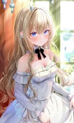 Rule 34 | 1girl, akasaka asa, black bow, black bowtie, blonde hair, blue eyes, blush, bow, bowtie, breasts, cleavage, closed mouth, clothes lift, commentary request, cowboy shot, curly hair, curtains, detached collar, dress, dress lift, earrings, fingernails, frilled dress, frills, highres, jewelry, lens flare, light particles, long hair, long sleeves, looking at viewer, medium breasts, off-shoulder dress, off shoulder, original, smile, solo, sunlight, white dress, window