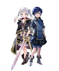 Rule 34 | 1boy, 1girl, aged down, black coat, black gloves, blue eyes, blue hair, braid, chrom (child) (fire emblem), chrom (fire emblem), coat, fingerless gloves, fire emblem, fire emblem awakening, fire emblem heroes, frown, gloves, grey eyes, highres, holding, holding sword, holding weapon, looking at viewer, nintendo, non-web source, robin (female) (child) (fire emblem), robin (female) (fire emblem), robin (fire emblem), smile, sword, tachi-e, twintails, v-shaped eyebrows, weapon, white hair