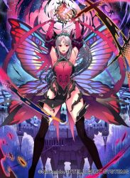 Rule 34 | 1girl, armpits, bare shoulders, boots, breasts, commentary request, company name, copyright name, dress, fairy, fairy wings, fire emblem, fire emblem cipher, fire emblem heroes, hair ornament, kurosawa tetsu, large breasts, long hair, nintendo, official art, pelvic curtain, plumeria (fire emblem), short dress, simple background, solo, thigh boots, thighhighs, thighs, wings