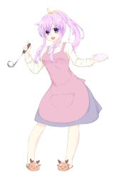 Rule 34 | 1girl, alternate costume, alternate hairstyle, apron, blush, full body, highres, holding, long hair, long sleeves, looking at viewer, nepgear, neptune (series), open mouth, oyat, pink apron, ponytail, purple eyes, purple hair, sailor collar, shirt, sidelocks, skirt, slippers, smile, solo, white background