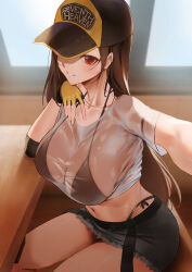 Rule 34 | 1girl, absurdres, baseball cap, bikini, bikini under clothes, black bikini, breasts, brown hair, collarbone, crop top, elbow rest, final fantasy, final fantasy vii, final fantasy vii ever crisis, fingerless gloves, gloves, grin, hat, highres, large breasts, long hair, looking at viewer, miniskirt, navel, official alternate costume, outstretched arm, panty straps, red eyes, rororo, see-through, see-through shirt, selfie, sitting, skirt, smile, solo, stomach, strap gap, swimsuit, table, thighs, tifa lockhart, tifa lockhart (lifeguard), very long hair