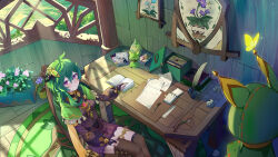 Rule 34 | 1girl, absurdres, book, brown dress, brown thighhighs, bug, butterfly, capelet, closed mouth, collei (genshin impact), desk, dress, flower, genshin impact, green capelet, green hair, highres, indoors, insect, jingzizaz, long sleeves, looking at viewer, medium hair, papers, pencil, plant, potted plant, puffy long sleeves, puffy sleeves, purple eyes, quill, short dress, solo, thighhighs, window, zettai ryouiki