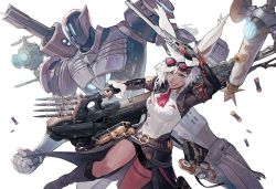 Rule 34 | 1girl, animal ears, aqua eyes, automaton queen, warrior of light (ff14), belt, breasts, byuub, dark-skinned female, dark skin, fictional persona, final fantasy, final fantasy xiv, goggles, goggles on head, gun, hair between eyes, holding, holding gun, holding weapon, looking at viewer, machinist (final fantasy), mecha, medium breasts, medium hair, rabbit ears, robot, shell casing, shorts, smile, solo, viera, weapon, white background, white hair