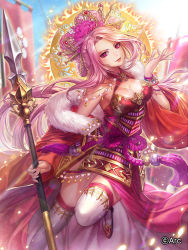 Rule 34 | 1girl, armor, armored dress, banner, bead bracelet, beads, blue sky, blurry, blurry background, box (hotpppink), bracelet, breasts, cleavage, closed mouth, coat, collarbone, commentary request, company name, day, double bun, dress, fingernails, fire, flower, fur collar, hair bun, hair flower, hair ornament, hair stick, halo, halterneck, hand up, highres, holding, holding polearm, holding spear, holding weapon, japanese armor, jewelry, kusazuri, large breasts, leg up, lens flare, light rays, long hair, long sleeves, looking at viewer, off shoulder, official art, outdoors, parted bangs, pink eyes, pink flower, pink hair, polearm, red armor, red coat, red dress, rope, sengoku kishin valkyrie, sky, smile, solo, spear, standing, standing on one leg, sun, sunlight, tassel, thighhighs, very long hair, weapon, white thighhighs, wide sleeves, wristband