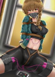 Rule 34 | 1girl, absurdres, amane suzuha, arms behind back, bdsm, bike shorts, black shorts, blush, bondage, bondage mittens, bound, box tie, braid, breasts, brown hair, cable, cellphone, collarbone, commentary request, crotch rope, duct tape, gag, gagged, green eyes, green jacket, hair between eyes, highres, improvised gag, jacket, long hair, looking at viewer, navel, nipple stimulation, object insertion, phone, rope, sex toy, shibari, shorts, sirokuro daruma, sitting, smartphone, solo, spread legs, steins;gate, tank top, tape, tape gag, taped fingers, taped hands, twin braids, vaginal, vaginal object insertion, vibrator, vibrator cord, vibrator on nipple, vibrator under clothes