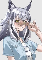 Rule 34 | 1girl, adjusting eyewear, blue jacket, blush, canadian lynx (kemono friends), commentary request, extra ears, glasses, grey hair, highres, jacket, jewelry, kemono friends, kemono friends 3, lynx ears, lynx girl, multicolored hair, necklace, official alternate costume, open clothes, open jacket, shirt, short hair, short sleeves, smile, solo, tanabe (fueisei), white shirt, yellow eyes