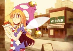 Rule 34 | 1girl, :t, american flag dress, american flag legwear, american flag shirt, blonde hair, blush, brand name imitation, building, burger, clownpiece, collar, commentary request, eating, fairy wings, food, food on face, hat, holding, holding food, jester cap, kuresento, long hair, mos burger, neck ruff, outdoors, pantyhose, pink eyes, polka dot, red eyes, road, short sleeves, sign, skyscraper, solo, star (symbol), street, striped, touhou, wings