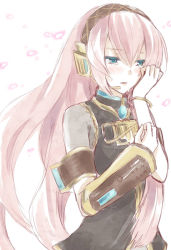 1girl aqua_eyes bad_id bad_pixiv_id blush female_focus headphones headset hijiki_(hijikini) hijikini long_hair megurine_luka pink_hair simple_background solo tears vocaloid