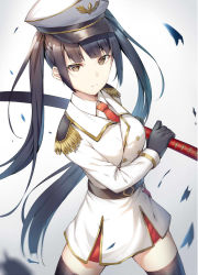 Rule 34 | 1girl, alexmaster, belt, black gloves, black hair, black thighhighs, blazer, blurry, blurry foreground, breasts, brown eyes, buttons, closed mouth, collared shirt, cowboy shot, double-breasted, epaulettes, expressionless, floating hair, gloves, hat, holding, holding sword, holding weapon, jacket, katana, legs apart, long hair, long sleeves, looking at viewer, medium breasts, military, military hat, military uniform, miniskirt, necktie, original, peaked cap, red necktie, shirt, sidelocks, skirt, solo, standing, sword, thighhighs, twintails, undershirt, uniform, very long hair, weapon, white background, white hat, white jacket, white shirt, white skirt, wing collar, zettai ryouiki
