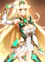 Rule 34 | 1girl, bare shoulders, blonde hair, breasts, cleavage, commentary, cowboy shot, dangle earrings, dress, earrings, elbow gloves, gloves, glowing, hand up, highres, jewelry, large breasts, long hair, looking at viewer, mythra (xenoblade), neon trim, pleated dress, short dress, sleeveless, sleeveless dress, solo, swept bangs, thigh strap, tiara, to (tototo tk), very long hair, white dress, white gloves, xenoblade chronicles (series), xenoblade chronicles 2, yellow eyes