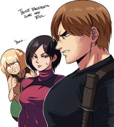 Rule 34 | 1boy, 2girls, ada wong, ashley graham, black hair, blonde hair, blush, breasts, brown hair, capcom, english text, girl staring at guy&#039;s chest (meme), highres, holster, large pectorals, leon s. kennedy, looking at another, looking at pectorals, medium breasts, meme, multiple girls, muscular, muscular male, pectoral focus, pectorals, red shirt, resident evil, resident evil 4, resident evil 4 (remake), shirt, short hair, shoulder holster, simple background, tina fate, upper body, white background