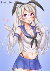 Rule 34 | 1girl, anti (untea9), black hairband, black neckerchief, black panties, blue background, blue sailor collar, blue skirt, blush, breasts, brown eyes, cleavage, conte di cavour (kancolle), cosplay, crop top, elbow gloves, gloves, grey hair, hairband, heart, highleg, highleg panties, highres, kantai collection, large breasts, long hair, looking at viewer, microskirt, navel, neckerchief, open mouth, panties, sailor collar, shimakaze (kancolle), shimakaze (kancolle) (cosplay), skirt, solo, sweatdrop, twitter username, two side up, underwear, white gloves