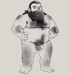 Rule 34 | 1boy, absurdres, armpit hair, armpit hair peek, back hair, bara, beard, beard over mouth, belly, completely nude, dungeon meshi, dwarf, expressionless, facial hair, fat, fat man, flaccid, full body, greyscale, hairy, highres, long beard, looking at viewer, male focus, male pubic hair, monochrome, muscular, muscular male, mustache, nude, penis, pubic hair, senshi (dungeon meshi), small penis, solo, standing, thick arm hair, thick chest hair, thick leg hair, thick mustache, thick navel hair, very hairy, very long beard, yawmie