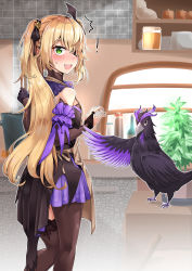 Rule 34 | !, 1girl, absurdres, apron, bird, black pantyhose, black thighhighs, blonde hair, blush, cooking, crow, dress, dulldull, eyepatch, fischl (genshin impact), genshin impact, green eyes, hair ribbon, highres, kitchen, ladle, looking at viewer, looking back, open mouth, oz (genshin impact), pantyhose, pot, ribbon, single thighhigh, smile, sweatdrop, thighhighs, twintails