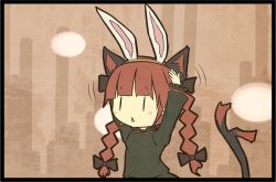 Rule 34 | 1girl, akihiyo, animal ears, blush stickers, bow, braid, rabbit ears, cat ears, cat girl, cat tail, dress, extra ears, female focus, flat color, hair bow, kaenbyou rin, multiple tails, red hair, solo, tail, touhou