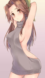 Rule 34 | 10s, 1girl, alternate costume, armpits, arms behind head, backless dress, backless outfit, bare back, breasts, brown eyes, brown hair, cowboy shot, dress, covered erect nipples, from side, green ribbon, hair intakes, halterneck, jintsuu (kancolle), kantai collection, long hair, looking at viewer, medium breasts, meme attire, naked sweater, plum (arch), ponytail, purple background, ribbon, sleeveless, sleeveless turtleneck, solo, sweater, sweater dress, turtleneck, turtleneck sweater, virgin killer sweater