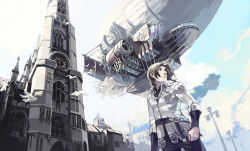 Rule 34 | 1boy, aircraft, airship, aoin, architecture, bird, brown hair, city, clock, cloud, day, dirigible, dove, flying, from below, gothic architecture, insignia, lamppost, male focus, original, sky, solo, tower, uniform