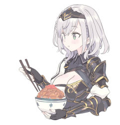 Rule 34 | 1girl, armor, black gloves, blade (galaxist), blush, bowl, braid, breasts, chopsticks, circlet, cleavage, cleavage cutout, clothing cutout, eating, fingerless gloves, food, gloves, gold trim, green eyes, gyuudon, holding, holding bowl, holding chopsticks, hololive, large breasts, medium hair, mole, mole on breast, puffy sleeves, shirogane noel, shirogane noel (1st costume), shoulder armor, simple background, solo, upper body, virtual youtuber, white background, white hair
