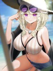 Rule 34 | 1girl, adjusting eyewear, arknights, bikini, blonde hair, blue shorts, blue sky, blurry, blurry background, breasts, cleavage, day, eyewear on head, hair ornament, hairclip, hand up, hat, highres, jewelry, large breasts, looking at viewer, medium hair, navel, necklace, official alternate costume, outdoors, purple-tinted eyewear, purple eyes, redeye tmirm, round eyewear, short shorts, shorts, sky, smile, solo, stomach, striped bikini, striped clothes, sun hat, sunglasses, swimsuit, tinted eyewear, utage (arknights), utage (summer flowers) (arknights), x hair ornament