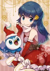Rule 34 | 1girl, belt, blue eyes, blue hair, closed mouth, commentary request, creatures (company), dawn (pokemon), dress, elbow gloves, eyelashes, fingerless gloves, game freak, gen 4 pokemon, gloves, hair ornament, hairclip, hand up, highres, holding, holding clothes, holding scarf, long hair, looking at viewer, nintendo, pantyhose, peron (niki2ki884), piplup, poke ball symbol, pokemon, pokemon (anime), pokemon (creature), pokemon dppt (anime), red dress, red gloves, sash, scarf, sidelocks, smile, snowflakes, striped clothes, striped legwear, striped pantyhose, vertical-striped clothes, vertical-striped pantyhose, white pantyhose, white scarf