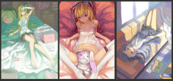 Rule 34 | 10s, 3girls, aqua eyes, bed, blonde hair, blue eyes, boku wa tomodachi ga sukunai, book, breasts, bug, butterfly, butterfly hair ornament, censored, cleavage, computer, convenient censoring, couch, cross, dress, earphones, feet, game console, habit, hair ornament, hairband, handheld game console, hasegawa kobato, heart, heterochromia, insect, kashiwazaki sena, laptop, large breasts, legs, lingerie, long hair, long legs, lying, madyy, multiple girls, negligee, no panties, nun, on back, one eye closed, playstation 3, playstation portable, purple hair, red eyes, sitting, skirt, spread legs, strap slip, stuffed animal, stuffed toy, takayama maria, thighhighs, thighs, twintails, underwear, window shadow, wink