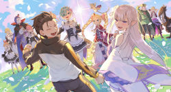 Rule 34 | 4boys, 6+girls, :d, bare shoulders, beatrice (re:zero), black footwear, blonde hair, blue eyes, blush, boots, braid, brown footwear, brown hair, capelet, cat, closed eyes, closed mouth, cloud, commentary request, crown, day, dress, emilia (re:zero), falling petals, flower, frederica baumann, fur-trimmed capelet, fur trim, garfiel tinsel, grass, hair ribbon, hand up, happy, highres, holding hands, jacket, long hair, lower teeth only, maid, mini crown, multiple boys, multiple girls, natsuki subaru, open mouth, otto suewen, outdoors, pants, pantyhose, parted bangs, parupin, patrasche (re:zero), petals, petra leyte, pointy ears, puck (re:zero), purple eyes, ram (re:zero), re:zero kara hajimeru isekai seikatsu, red capelet, rem (re:zero), ribbon, roswaal l. mathers, shoes, short hair, sidelocks, sky, smile, standing, striped clothes, striped pantyhose, sun, symbol-shaped pupils, teeth, tongue, twintails, white flower, white legwear, wide sleeves