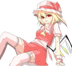 Rule 34 | 1girl, ascot, blonde hair, crop top, fang, female focus, flandre scarlet, garter straps, hat, hat ribbon, low wings, miniskirt, open mouth, parted lips, red eyes, revision, ribbon, shamo (koumakantv), short hair, side ponytail, simple background, skirt, skirt set, solo, thighhighs, touhou, white background, white thighhighs, wings, wrist cuffs, zettai ryouiki