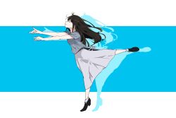 Rule 34 | 1girl, absurdres, belt, belt buckle, black hair, blue background, buckle, closed mouth, dancing, from side, highres, inoue takina, leg up, long hair, long skirt, lycoris recoil, meme, misskiwi, outstretched arms, sakana~ (meme), short sleeves, silhouette, skirt, smile, socks, solo, striped, striped background, wedge heels, white background