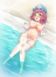 Rule 34 | 1girl, absurdres, ambasa, bikini, bikini pull, blue hat, blush, breasts, cleavage, clothes pull, elbow gloves, full body, gloves, hat, highres, large breasts, looking at viewer, micro bikini, mob cap, navel, open mouth, pink eyes, pink hair, pool, pulling own clothes, ribbon-trimmed legwear, ribbon trim, saigyouji yuyuko, short hair, sitting, solo, stomach, swimsuit, thighhighs, touhou, triangular headpiece, underboob, wading, white bikini, white gloves, white thighhighs