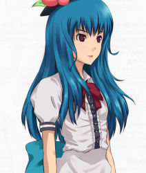 Rule 34 | 1girl, blue hair, female focus, food, fruit, hat, hinanawi tenshi, long hair, mido (uho), peach, simple background, solo, touhou, upper body, white background