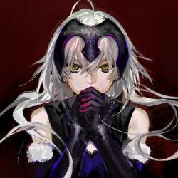 Rule 34 | 1girl, black gloves, covered mouth, crossed bangs, dress, fate/grand order, fate (series), forzen, fur trim, gloves, headpiece, jeanne d&#039;arc alter (avenger) (fate), jeanne d&#039;arc alter (avenger) (third ascension) (fate), jeanne d&#039;arc alter (fate), long hair, looking at viewer, own hands clasped, own hands together, portrait, red background, simple background, sleeveless, sleeveless dress, solo, vambraces, white hair, yellow eyes