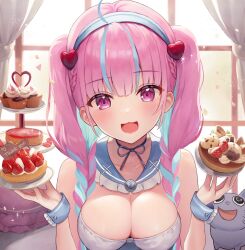 Rule 34 | 1girl, :3, ahoge, anchor ornament, anchor symbol, aria (ariacue), blue choker, blue hair, blue hairband, blue ribbon, blue sailor collar, blue wrist cuffs, blunt bangs, blush, braid, breasts, cheesecake, choker, cleavage, collarbone, colored inner hair, commentary request, cupcake, curtains, day, dessert, food, frilled sailor collar, frills, fruit, fruit tart, glint, hair ornament, hairband, heart, heart hair ornament, holding, holding plate, hololive, large breasts, light blue hair, long hair, looking at viewer, low twin braids, milestone celebration, minato aqua, multicolored hair, neck ribbon, neko (minato aqua), open mouth, pink eyes, pink hair, plate, ribbon, sailor collar, sleeveless, smile, solo, strawberry, streaked hair, tart (food), thank you, twin braids, twintails, two-tone hair, upper body, virtual youtuber, window, wrist cuffs