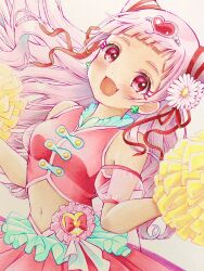 Rule 34 | 1girl, blush, clover earrings, commentary request, cone hair bun, cure yell, earrings, flower, four-leaf clover earrings, hair bun, hair flower, hair ornament, hair ribbon, heart, heart hair ornament, heart pouch, highres, hugtto! precure, jewelry, lilylily0601, long hair, looking at viewer, magical girl, marker (medium), navel, nono hana, open mouth, pink eyes, pink hair, pom pom (cheerleading), precure, ribbon, short bangs, solo, thick eyelashes, traditional media
