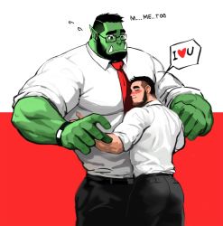 Rule 34 | 2boys, bara, beard, black hair, blush, collared shirt, colored skin, couple, dopey (dopq), closed eyes, facial hair, feet out of frame, glasses, green skin, highres, hug, large pectorals, leather, leather belt, looking at another, male focus, manly, mature male, multiple boys, muscular, muscular male, necktie, orc, original, pants, pectorals, pointy ears, red background, shirt, short hair, simple background, size difference, speech bubble, thick arms, thick eyebrows, tight clothes, tusks, undercut, watch, white background, yaoi