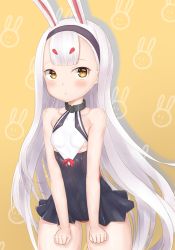 Rule 34 | :&lt;, animal ears, arms at sides, azur lane, bare arms, bare shoulders, black hairband, blush, breasts, clenched hands, closed mouth, collarbone, cowboy shot, dress, hair between eyes, hairband, highres, long hair, looking away, off-shoulder dress, off shoulder, panties, pleated dress, rabbit ears, red panties, shimakaze (azur lane), short dress, silver hair, simple background, sleeveless, small breasts, straight hair, thighs, underboob, underwear, very long hair, wide hips, yellow background, yellow eyes, yudaneko