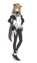 Rule 34 | 1girl, bad id, bad twitter id, belt, black gloves, black pants, brown hair, closed mouth, commentary request, copyright request, flat chest, full body, gloves, green eyes, hands on own hips, headgear, highres, leotard, long hair, long sleeves, looking at viewer, maruchi, pants, shoes, simple background, solo, standing, very long hair, white background, white leotard
