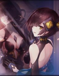 Rule 34 | 1girl, artist request, azusa yumi (phantom of the kill), backless outfit, between breasts, breasts, brown hair, cleavage, gloves, hair ornament, hand on mirror, long hair, looking at viewer, official art, phantom of the kill, reflection, scales, side ponytail, snake, snakeskin print, yellow eyes