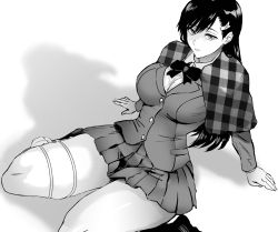 Rule 34 | 1girl, arm support, black hair, breasts, burn the witch, daraz, greyscale, hair ornament, hairclip, highres, loafers, long hair, looking at viewer, medium breasts, monochrome, necktie, niihashi noel, ribbon, school uniform, shoes, sitting, thighs