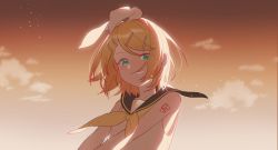 Rule 34 | 1girl, bare arms, bare shoulders, blonde hair, bloom, blue eyes, bow, cloud, grin, hair bow, hair ornament, hairclip, highres, hui yan, kagamine rin, looking at viewer, number tattoo, orange sky, sailor collar, shirt, short hair, shoulder tattoo, sky, sleeveless, sleeveless shirt, smile, star (sky), starry sky, sunset, tattoo, treble clef, twilight, vocaloid