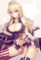 Rule 34 | 10s, 1girl, bare shoulders, blonde hair, blue eyes, breasts, cleavage, elbow gloves, fingerless gloves, garter straps, gloves, iowa (kancolle), kaede (mmkeyy), kantai collection, large breasts, long hair, looking at viewer, machinery, midriff, miniskirt, navel, skirt, smile, solo, star-shaped pupils, star (symbol), symbol-shaped pupils, thighhighs