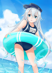 Rule 34 | 10s, 1girl, absurdres, anchor symbol, beach, blue eyes, cloud, day, flat cap, gensoukitan, hat, hibiki (kancolle), highres, innertube, kantai collection, lifebuoy, long hair, name tag, one-piece swimsuit, outdoors, school swimsuit, sky, solo, swim ring, swimsuit, water, white hair