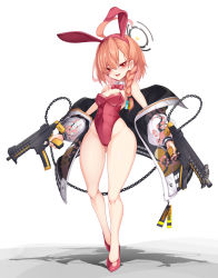 Rule 34 | 1girl, absurdres, ahoge, animal ears, asymmetrical bangs, blue archive, bow, bowtie, braid, detached collar, dual wielding, fake animal ears, full body, fuyu no usagi, gun, high heels, highleg, highleg leotard, highres, holding, huge ahoge, jacket, leotard, looking at viewer, mole, mole under eye, neru (blue archive), neru (bunny) (blue archive), orange hair, oversized breast cup, playboy bunny, print jacket, rabbit ears, red bow, red bowtie, red eyes, red footwear, red leotard, sig mpx, simple background, single braid, solo, standing, strapless, strapless leotard, submachine gun, sukajan, thick thighs, thighs, traditional bowtie, weapon, white background, wide hips