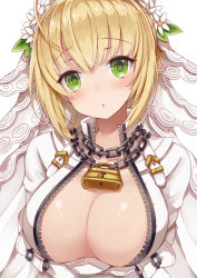 Rule 34 | 10s, 1girl, :o, ahoge, arms at sides, bad id, bad pixiv id, blonde hair, blush, bodysuit, breast hold, breasts, bridal veil, buckle, center opening, chain, cleavage, dress, fate/extra, fate (series), flower, gloves, green eyes, hair flower, hair ornament, head tilt, large breasts, lips, lock, long hair, looking at viewer, nero claudius (bride) (fate), nero claudius (fate), nero claudius (fate) (all), open mouth, padlock, parted lips, short hair with long locks, sidelocks, simple background, solo, unzipped, upper body, veil, white background, white dress, white flower, white gloves, wrist cuffs, yuzu-aki
