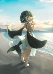 Rule 34 | 159cm, 1girl, :d, bare shoulders, barefoot, beach, blue dress, blue hair, blue sky, cetacean tail, day, dress, fins, fish tail, from behind, hands up, headphones, looking at viewer, looking back, medium hair, ocean, open mouth, original, outdoors, sand, sky, smile, solo, standing, tail, wings